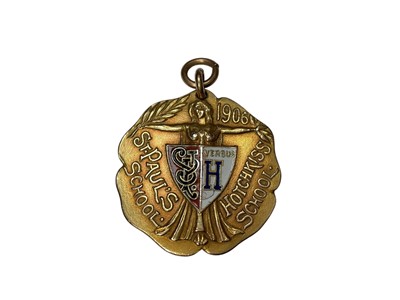 Lot 170 - Edwardian gold-plated shot put medallion for St. Paul's School versus Hotchkiss School, with enamel decoration and engraved presentation inscription to reverse, dated 1906. 33mm diameter