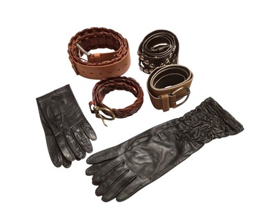 Lot 2527 - Selection of designer items including wide leather belts by Mulberry, Max Mara, Betty Jackson, two tartan wool Burberrys' scarves, Gianfranco Ferrer silk scarf Fleurs Persanes 88 x 88 cms, unuse...