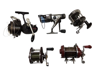Lot 2958 - Group of five fishing reels to include a Mitchell 386, K.P Morritt, Gilfin, Winfield and a Merit 30