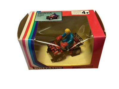 Lot 1712 - Britains diecast 1:32 Scale Fold-Up Cultivator # 9550, Honda TRX 300 4x4 All Terrain Vehicle # 9401 and Elite Series john Deere 455 Garden Tractor # 40555 & John Deere 6x4 Gator # 40556, in w...