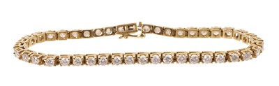 Lot 461 - Diamond tennis bracelet with a line of 44 round brilliant cut diamonds in 14ct yellow gold setting, estimated total diamond weight approximately 4.4cts