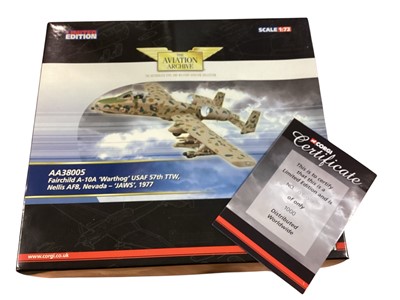 Lot 1717 - Corgi Limited Edition The Aviation Archive 1:72 Scale diecast War Planes including 147/1800 British Aerospace Hawk T.1A # AA36009, 509/1000 Fairchild A-10A Warthog # AA38005 and Helicopter Colle...