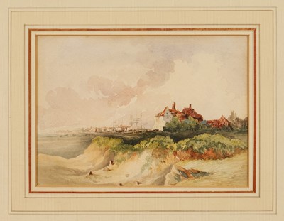 Lot 1380 - Thomas Churchyard (1798-1865) watercolour - Coastal clifftop houses, a town beyond, 14.5cm x 20cm, in glazed frame
