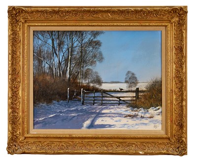 Lot 1110 - *Clive Madgwick (1939-2005) acrylic on canvas - Pheasant on a Gate in Snow Covered Landscape, signed, 36cm x 46cm, in gilt frame
