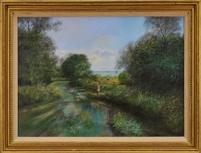 Lot 1112 - *Clive Madgwick (1939-2005) acrylic on canvas - 'Trout Fishing', signed, 40.5cm x 56cm, in gilt frame
