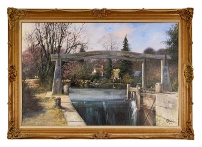 Lot 1113 - *Clive Madgwick (1939-2005) acrylic on canvas - Flatford Lock, before the lock gates were restored, signed, 61cm x 91cm, in gilt frame