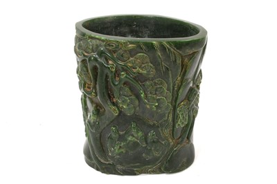 Lot 743 - Chinese carved green hardstone brush pot