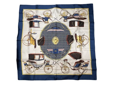 Lot 2538 - Hermes vintage Les Voitures A Transformation silk scarf by Francoise de La Pierriere 90 x 90 cms approximately with small folder care tag.