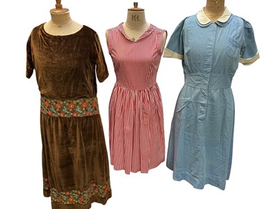 Lot 2542 - 1930s embroidered velvet dress, red and white striped day dress, blue cotton work dress, black dress with frills, plus some skirts and trousers.