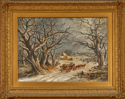 Lot 1376 - Robert Burrows (1810-1883) oil on canvas, Log drag in a wintry landscape, signed and dated 1883