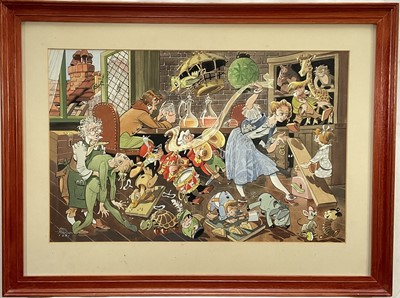 Lot 224 - Frederick William Robinson (1912-1993) watercolour, Toymakers magic workshop, signed and dated 1981, 32 x 64cm, in glazed frame.