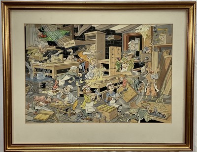 Lot 223 - Frederick William Robinson (1912-1993) watercolour, Elves workshop, signed and dated 1980, 35 x 52cm, in glazed frame