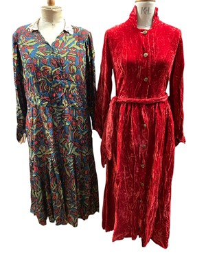 Lot 2546 - 1920s dress in abstract roses printed silk with long sleeves, 1940s crushed red velvet housecoat by Myers Tailored Leisurewear and 1950's/60's red strapless dress with bones bodi...