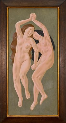 Lot 1261 - *Francis Plummer (1930-2019) egg tempera on board - Play Wrestling, signed with initial P., dated '78, titled verso, 60cm x 28cm, framed