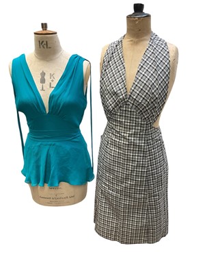 Lot 2551 - Group of vintage clothing including two African embroidered robes, halterneck gingham apron, crochet maxi skirt, halterneck top, Navy trousers suit by Mulberry size 14, cream cotton jacket by Pau...