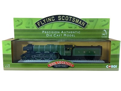 Lot 1743 - Corgi Rail Legends 1;120 Scale Flying Scotsman, Lledo Days Gone Trackside Sentinel Ballast Box with Drawbar Low Loader & Propellor Load DG111001 & Sentinel Ballast Tractor with Low Loade...