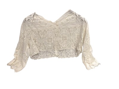 Lot 2562 - Selection of lace trimmed underwear including early handmade lace cropped bodice / top, two pairs of Victorian open drawers, a spilt leg combination and chemises. Plus some white-work baby nigh...