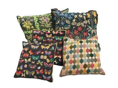 Lot 2565 - Hand embroidered tapestry cushions, designs include pair of plants, flowers, butterflies etc.