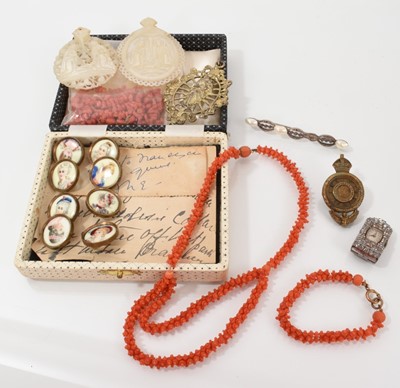 Lot 440 - Antique carved coral necklace and bracelet, set of Edwardian buttons and vintage costume jewellery