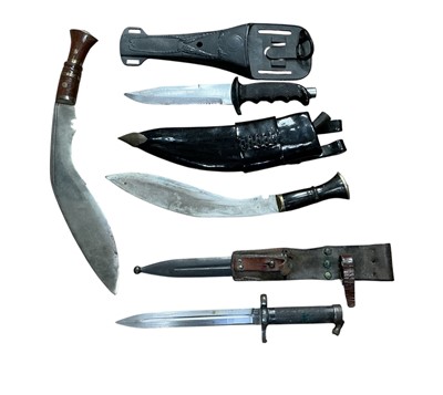 Lot 909 - Swedish Mauser 1896 Pattern bayonet with scabbard and leather frog, together with two Gurkha Kukris and another knife, (4).