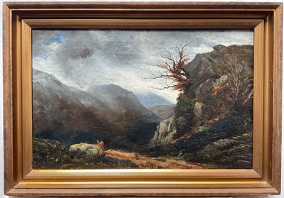 Lot 148 - 19th century oil on canvas - Figure in a Mountainous Landscape, indistinctly inscribed verso, 44cm x 67cm, in gilt frame