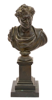 Lot 12 - 19th century bronze bust of King George IV, raised on a stepped square base, 20.5cm in overall height.