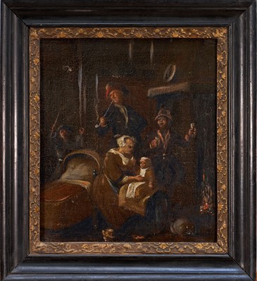 Lot 1146 - Continental School, 18th century, oil on canvas - Family Group in an Interior, 37cm x 32cm, in ebonised frame