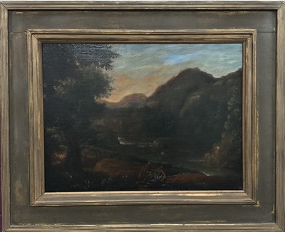 Lot 1067 - Continental School, 18th century, oil on canvas - Figures in an Extensive Landscape, 50cm x 67cm, in gilt frame