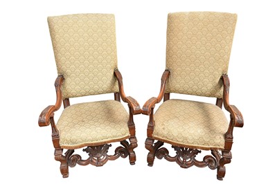 Lot 1419 - Pair of 18th century Italian carved walnut framed elbow chairs