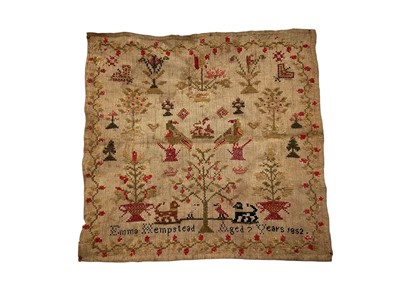 Lot 2595 - Antique and later embroidery and tapestry panels including sampler 1852, floral cushion, handpainted fish