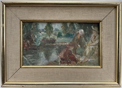 Lot 1190 - *Ronald Ossory Dunlop (1894-1973) oil on board, Figures by a River, 11cm x 19cm, marked verso, framed
