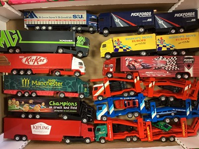 Lot 1853 - Corgi diecast articulated branded lorries and car transporters (approx 24) (2 boxes)