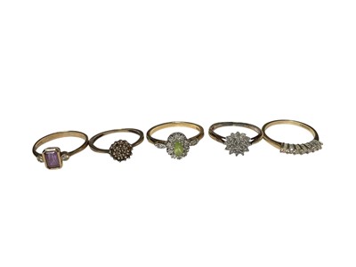 Lot 57 - Five 9ct gold diamond and gem set cluster rings