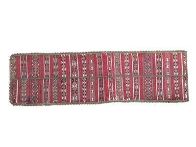 Lot 2581 - 19th century wool and metallic thread woven Kilim wall hanging with geometric motifs and scalloped metallic edging. Plus a small panel of woven silk and metallic thread striped damask possibly F...