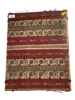 Lot 2583 - Antique woven wool and metallic thread embroidered band Kilim panel on cotton ground with small bead fringing, possibly Serbian, 45cm x 36 cm.