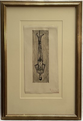 Lot 30 - Bernard Buffet (1928-1999) drypoint etching, Hanging Man from Les Chants de Maldoror (1952), inscribed 'Bernard' with dedication in red ink, numbered 2 in pencil, 28.5cm x 9cm, glazed gilt frame...