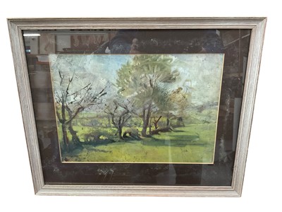 Lot 5137 - Mid 20th century oil on canvas board, tree line, together with a watercolour by Robin Hazelwood and a 19th century political cartoon