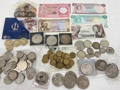 Lot 504 - World - Mixed coins & banknotes to include U.S. silver Dollars 1883o EF, 1884o EF (N.B. In silver ring mount with chain), silver clad Half Dollars, Canada 1897 silver proof Dollar, G.B. Vict...