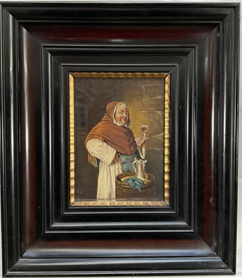 Lot 257 - H S Springer (20th century) oil on board, monk in a wine cellar, signed 19 x 15cm, framed