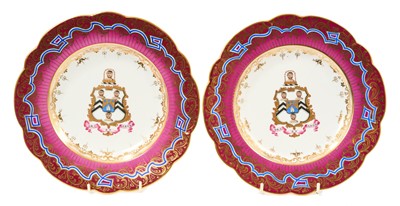 Lot 19 - Pair of John Ridgway armorial plates, circa 1825, the centres decorated with the armorial device for Joshua Westhead within pink, claret and gilt borders