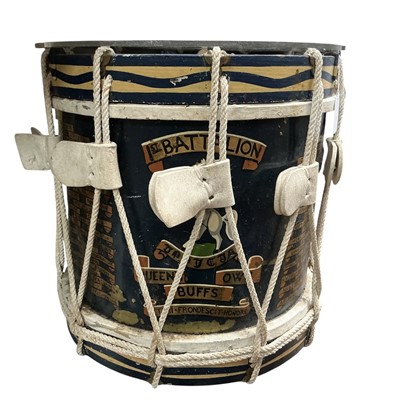 Lot 776 - Mid. 20th century military drum for the 1st Battalion, Queen's Own The Buffs (East Kent) Regt. with hand painted regimental badges and insignia and battle honours up to Defence of Kohima)