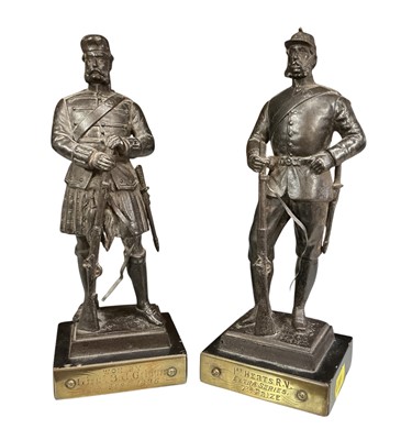 Lot 751 - Pair of Victorian bronzed metal army shooting trophies in the form of riflemen, each with applied brass plaques engraved "1st Hearts R.V. Extra Series 7th Prize".