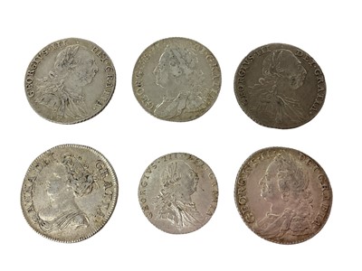 Lot 513 - G.B - Mixed silver coinage to include Shillings Anne 1711 VF, George II 1750/46 GF-AVF, 1758 AVF George III 1787 x 2 GF-VF and Six Pence George III 1787 (N.B. Edge die flaw) otherwise GEF (6 coi...