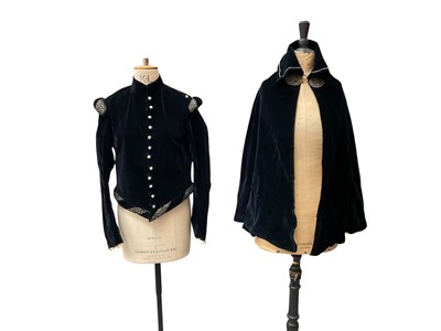 Lot 2585 - Men's velvet Tudor costume, velvet cloak with metal clasps, women's traditional Portuguese costume including skirt, waistcoat, apron, pocket and embroidered blouse. Plus a mohair throw.