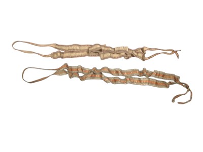 Lot 2590 - 19th century two Spainsh woven silk ribbon garters with woven motos 'Siendo Tan Ermosa' and 'Como Estas Zelosa' with small note Spanish Garters Bayonne 1859