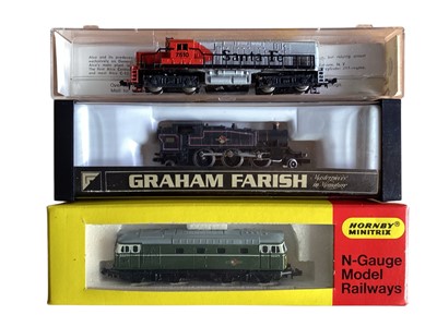 Lot 1904 - Selection of N Gauge locomotives and rolling stock including Graham Farish Prairie Tank Engine, Hornby Minitrix Diesel D5379, Santa Fe Diesel 7510, Graham Farish Shredded Wheat train (1 box)
