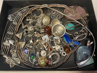 Lot 132 - Group of silver jewellery to include semi-precious gem stone pendants, earrings, gate bracelet, brooches etc and a roundel leaf pendant and matching pair of earrings