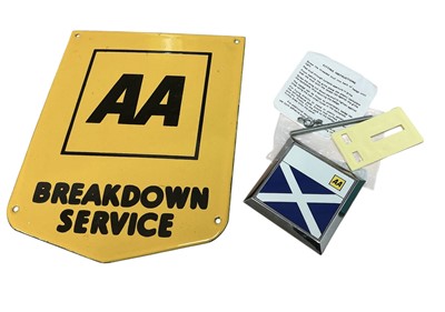 Lot 179 - Contemporary AA Breakdown Service enamel sign, 22.6 x 18cm overall. Together with a Scottish AA badge, (2).