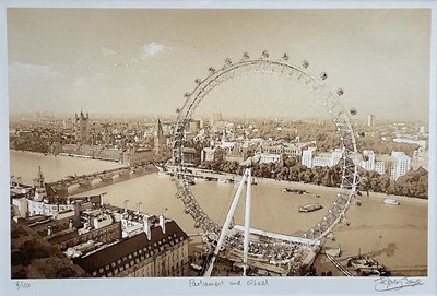 Lot 167 - Jeffrey Jaye, limited addition aquatint, Parliament and Wheel, signed and numbered 8/150, 25 x 38cm, in glazed frame. With original receipt dated 2004.