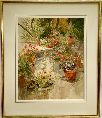 Lot 8 - Pamela Kay (b.1939) Watercolour, Pots of Geraniums in the Garden, signed, 56 x 45cm, in glazed frame.